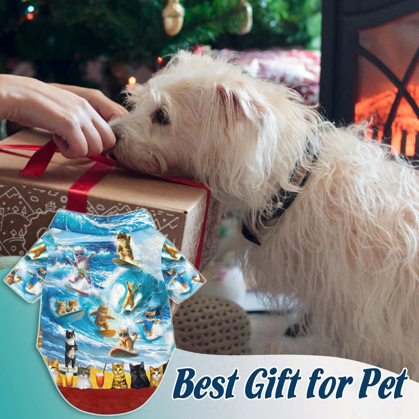 Netecom Matching Cat Surfing Hawaiian Shirt for Dog and Owner, Aloha Summer Shirt, Surf Cat Print Button Down Outfit for Pet and Human, Beach Vacation Casual Wear