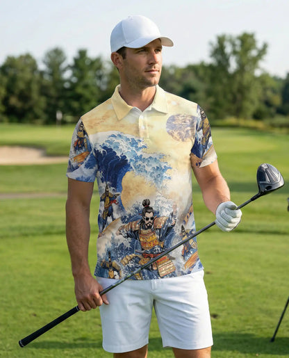 Japanese Samurai Wave 3D Polo Shirt for Men – Great Ocean Warrior Art Style | Netecom