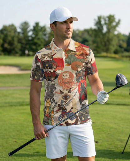 Samurai Cat 3D Polo Shirt for Men – Japanese Warrior Anime Style | Netecom
