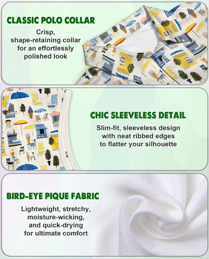 Coastal Beach Scene Pattern Sleeveless Polo Shirt for Women  | Netecom
