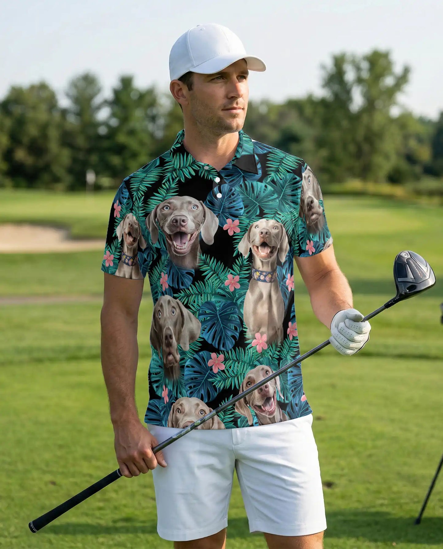 Weimaraner Tropical Polo Shirt – Jungle Leaf Print | Netecom