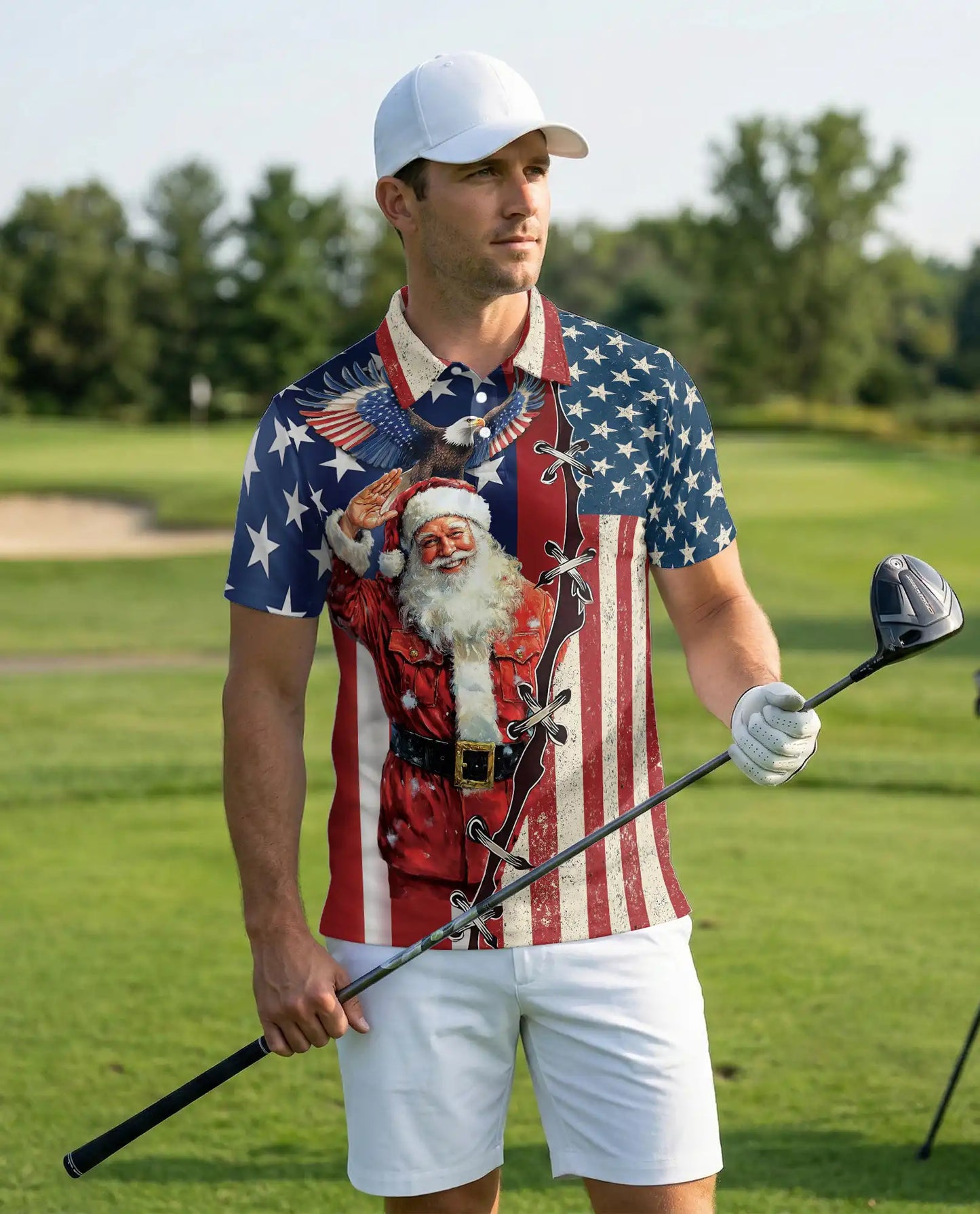 Patriotic Santa Hawaiian Polo Shirt | Netecom