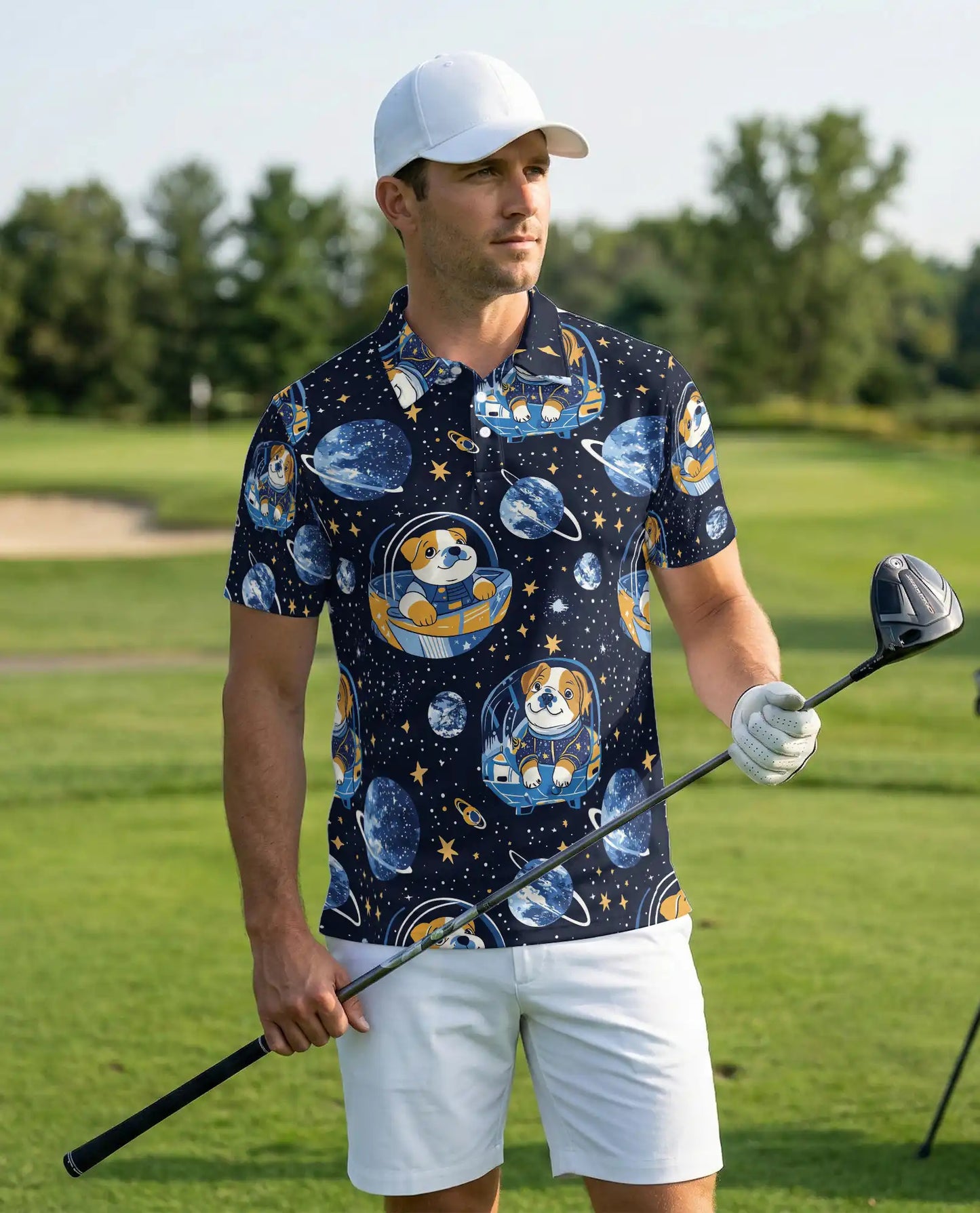 Cute Astronaut Dog 3D Polo Shirt for Men – Space Galaxy Cartoon Style | Netecom
