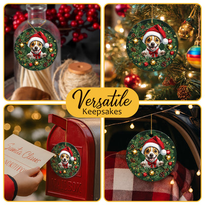Netecom Funny Jack Russell Terrier Christmas Ornament, Dog Santa Hat Ceramic Ornament for Xmas Tree Hanging Decorations Gift, Puppy Lover Gifts, Home Decor, Holiday Party Present