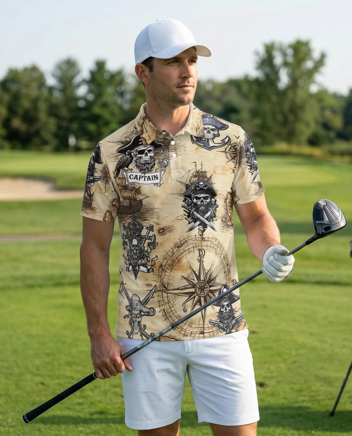 Pirate Captain 3D Polo Shirt for Men – Skull Compass Nautical Style | Netecom