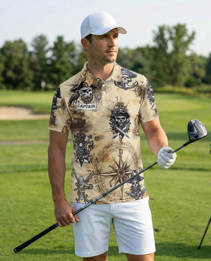 Pirate Captain 3D Polo Shirt for Men – Skull Compass Nautical Style | Netecom