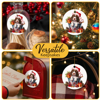 Netecom Cute English Springer Spaniel in Bucket Ornament, Dog with Santa Hat Ceramic Ornament for Christmas Tree Hanging Decorations Gift, Puppy Lover Gifts, Home Decor, Holiday Party Present