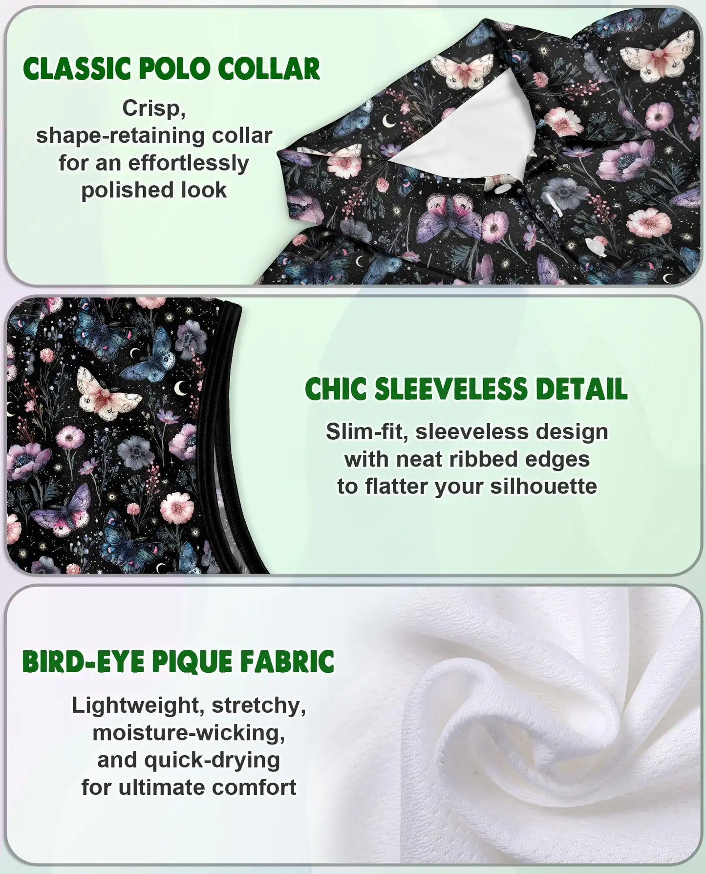 Dark Butterfly Floral Sleeveless Polo Shirt for Women – Elegant Nature Style | Netecom
