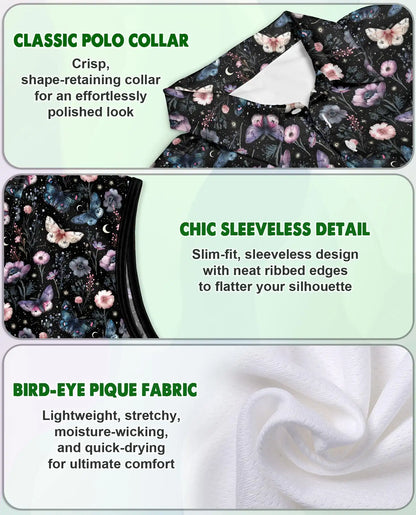 Dark Butterfly Floral Sleeveless Polo Shirt for Women – Elegant Nature Style | Netecom