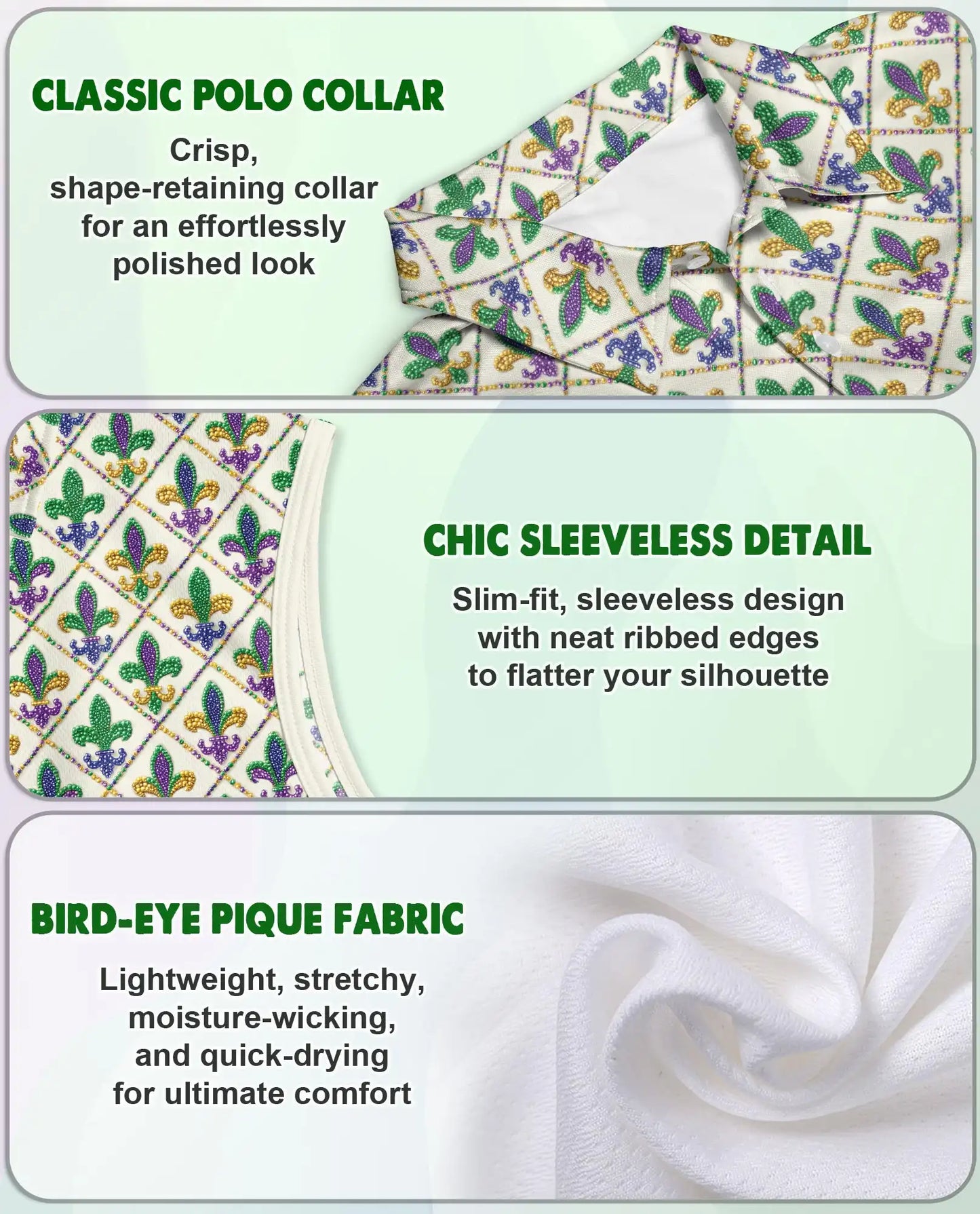 Mardi Gras Fleur de Lis Pattern Sleeveless Polo Shirt for Women | Netecom