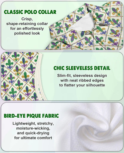 Mardi Gras Fleur de Lis Pattern Sleeveless Polo Shirt for Women | Netecom