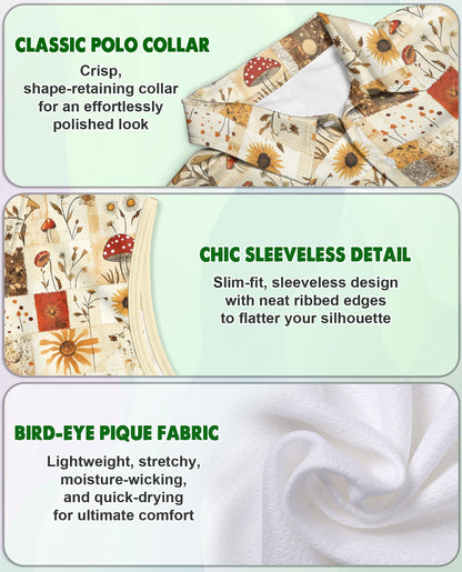 Vintage Mushroom Pattern Sleeveless Polo Shirt for Women – Nature Retro Style | Netecom