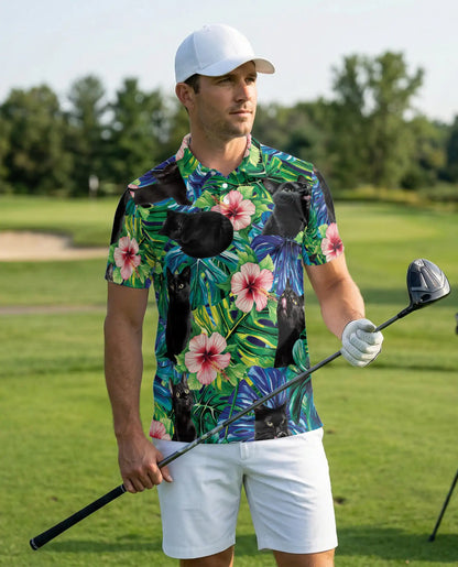 Black Cat Tropical Hibiscus 3D Polo Shirt for Men – Hawaiian Pet Lover Style | Netecom