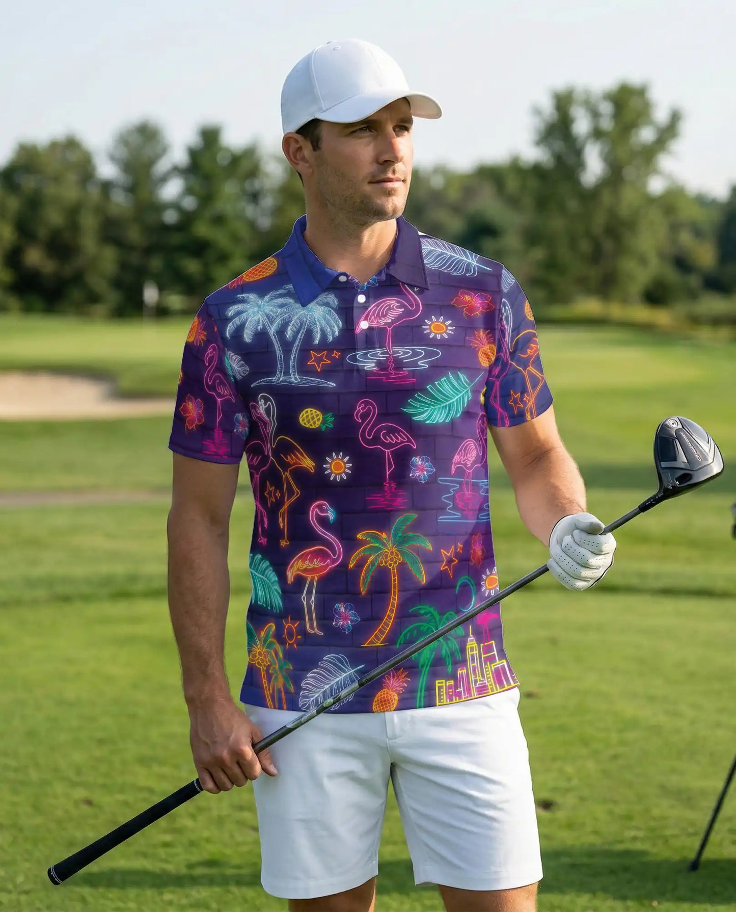 Neon Flamingo Polo Shirt – Tropical Night Print | Netecom