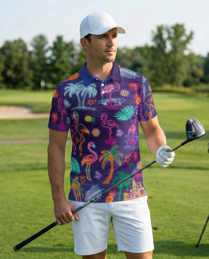 Neon Flamingo Polo Shirt – Tropical Night Print | Netecom
