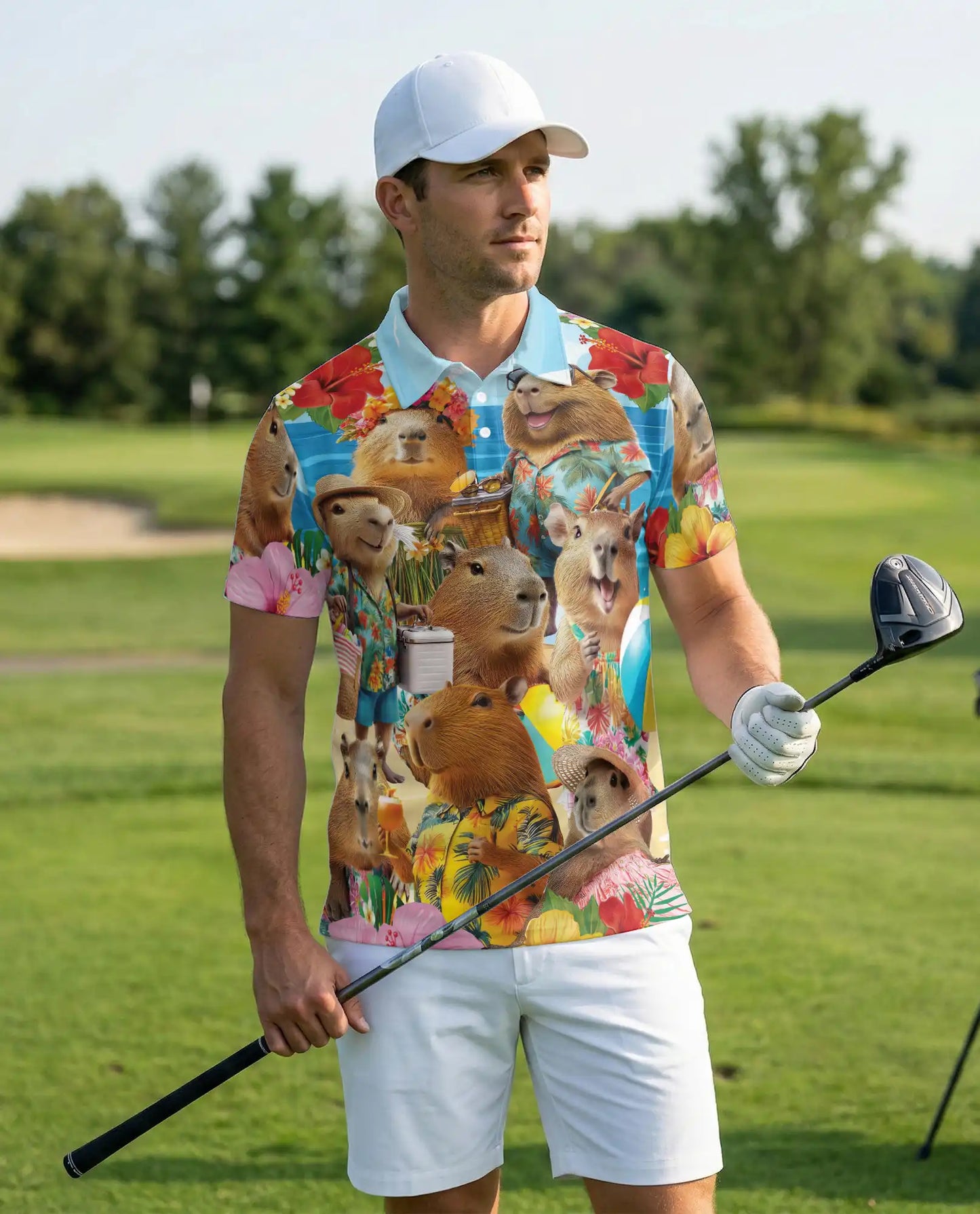 Capybara Tropical 3D Polo Shirt for Men – Funny Summer Animal Style | Netecom