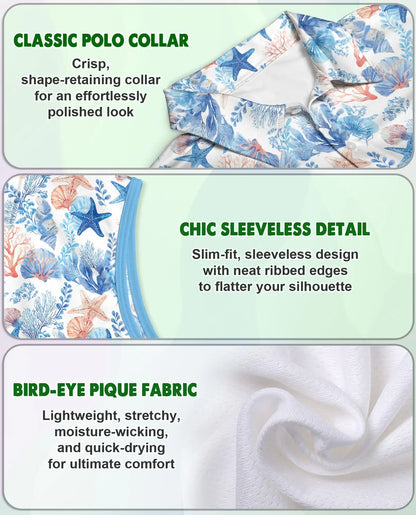 Starfish And Coral Sleeveless Polo Shirt for Women – Ocean Tropical Style | Netecom