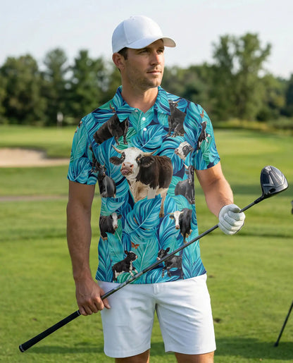 Cow Tropical 3D Polo Shirt for Men – Funny Farm Animal Leaf Style | Netecom