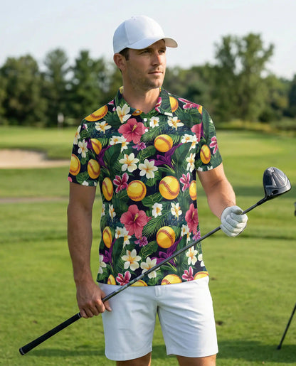 Softball Tropical Polo Shirt for Men- Floral Softball Pattern | Netecom