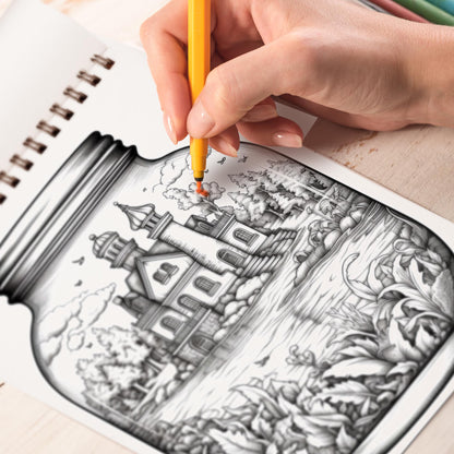 Landscape In Bottle Spiral Bound Coloring Book, Unleash Your Creativity with 30 Enchanting Coloring Pages, Depicting Tranquil Landscapes Encased in Bottles