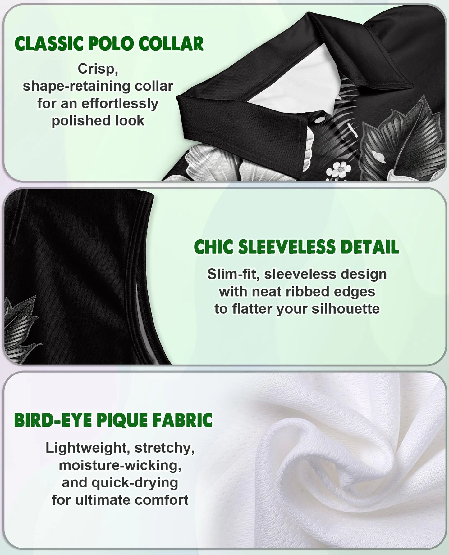 Black And White Hibiscus Sleeveless Polo Shirt for Women – Tropical Floral Style | Netecom