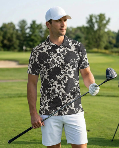 Black White Floral Damask Polo Shirt for Men- Vintage Flower Pattern | Netecom