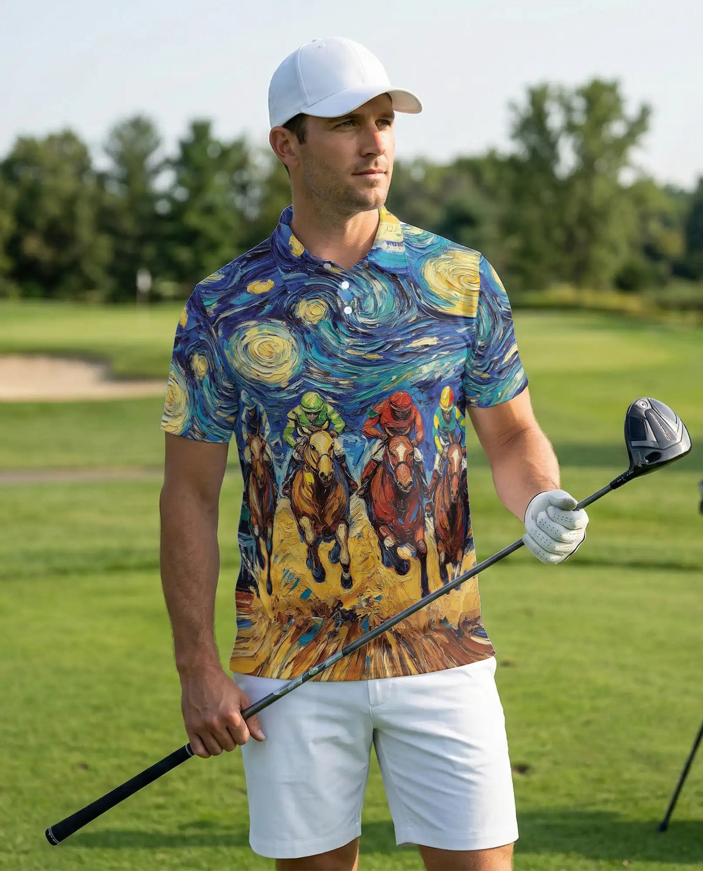 Starry Night Horse Racing 3D Polo Shirt for Men – Artistic Jockey Derby Style | Netecom