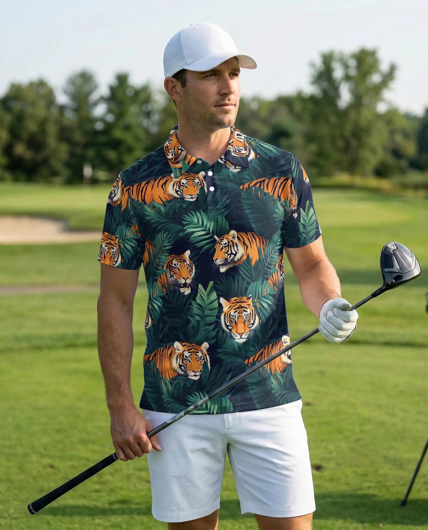 Tiger Jungle 3D Polo Shirt for Men – Wild Animal Tropical Leaf Style | Netecom