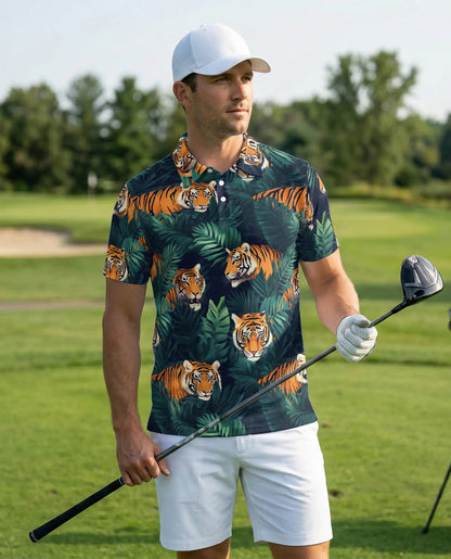 Tiger Jungle 3D Polo Shirt for Men – Wild Animal Tropical Leaf Style | Netecom