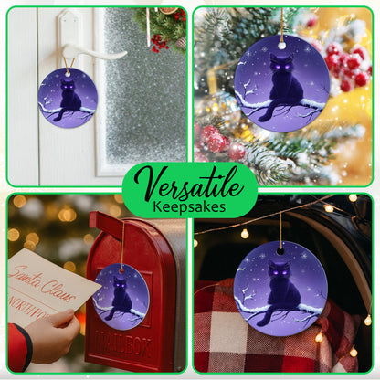 Netecom Enchanted Purple Cat Christmas Ornaments, Ceramic Snow Night Sky Keepsake Ornament for Christmas Tree Decorations, Kitten Lover Gift, Gifts for Holiday, Party, Home Decor