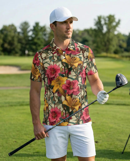 Vintage Lily Garden Floral Polo Shirt-Botanical Flower Pattern Design | Netecom