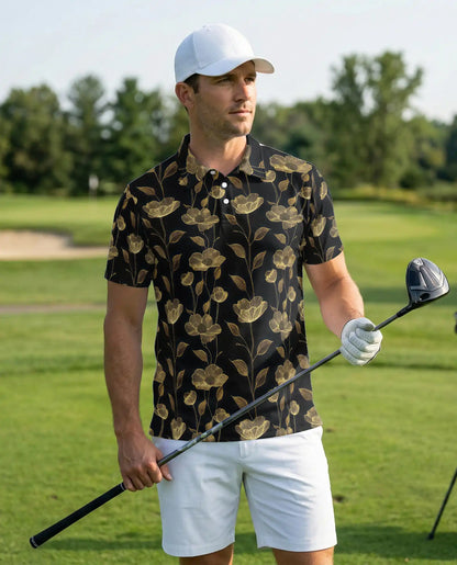 Elegant Gold Floral Polo Shirt for Men- Black Luxury  Pattern Shirt | Netecom