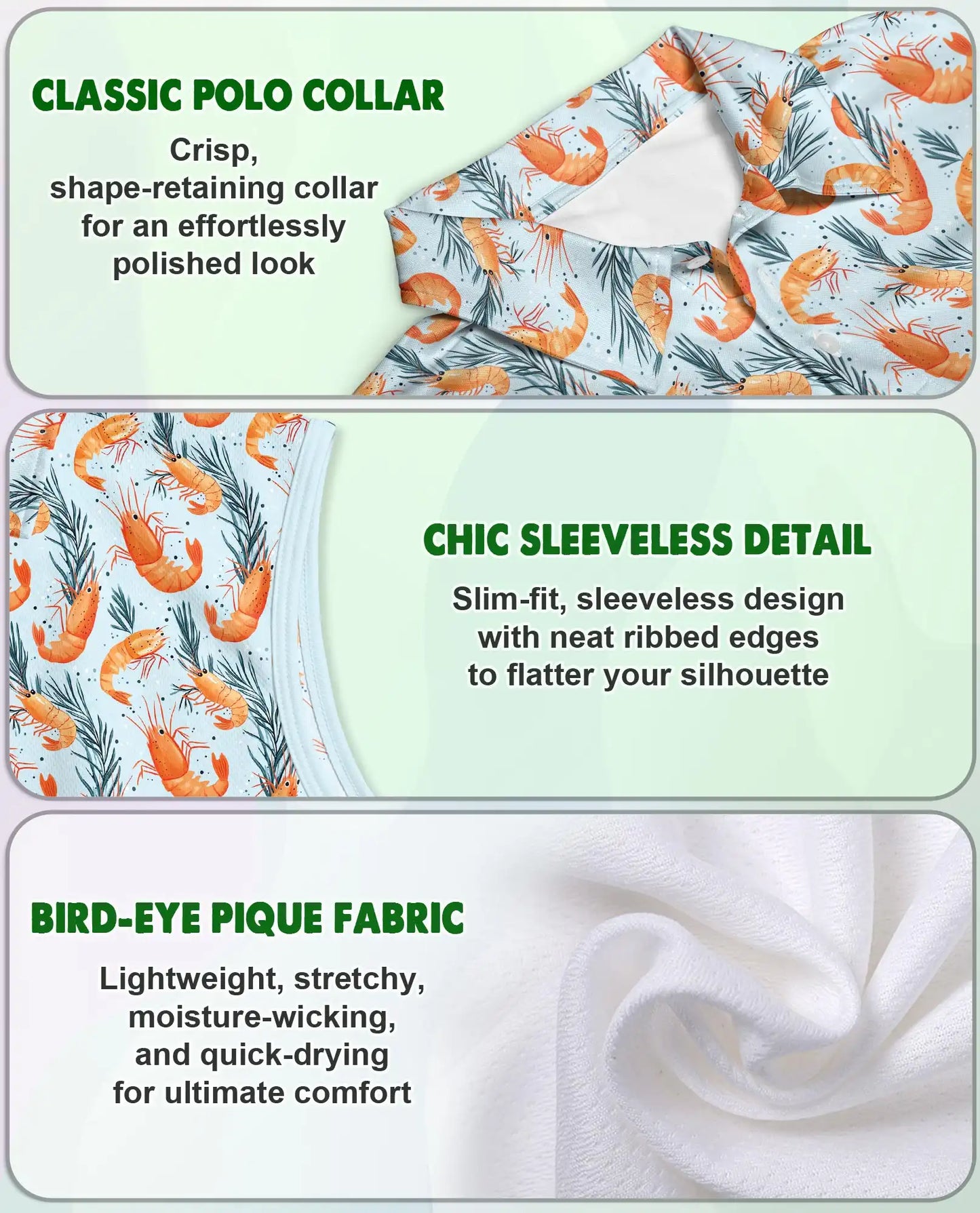 Prawn Pattern Sleeveless Polo Shirt for Women – Ocean Food Lover Style | Netecom