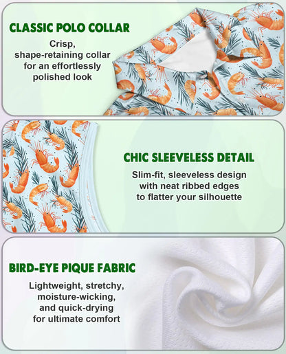 Prawn Pattern Sleeveless Polo Shirt for Women – Ocean Food Lover Style | Netecom