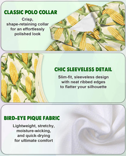 Sweet Corn Pattern Sleeveless Polo Shirt for Women – Cute Food Lover Style | Netecom