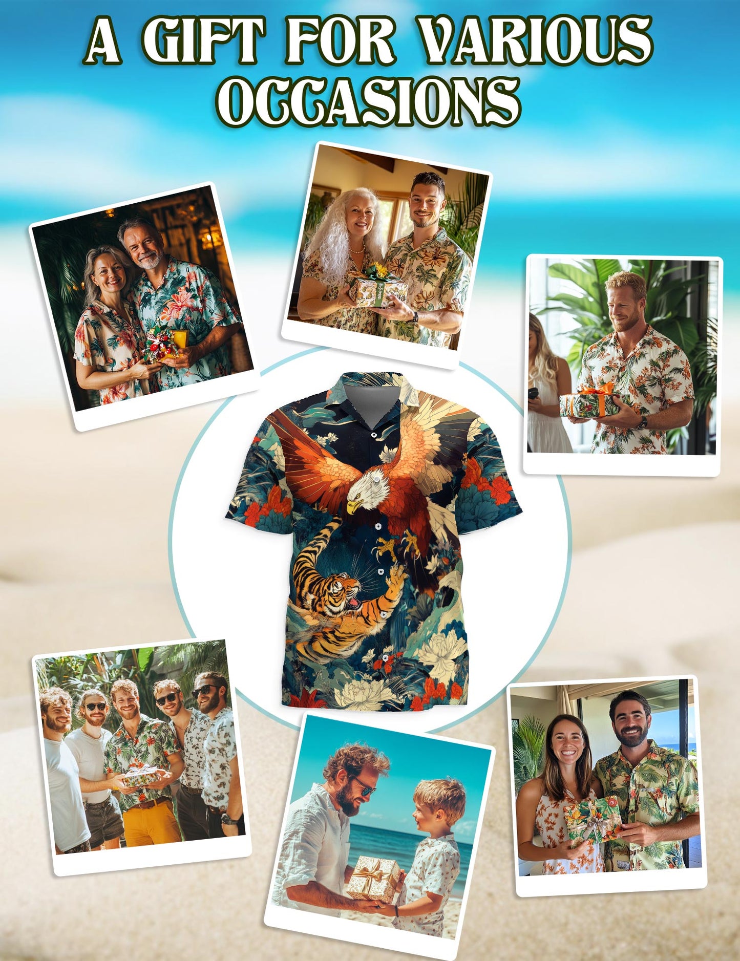Netecom Eagle and Tiger Battle Hawaiian Shirt for Men Women, Wild Animal Button Down Summer Beach Short Sleeve Shirts