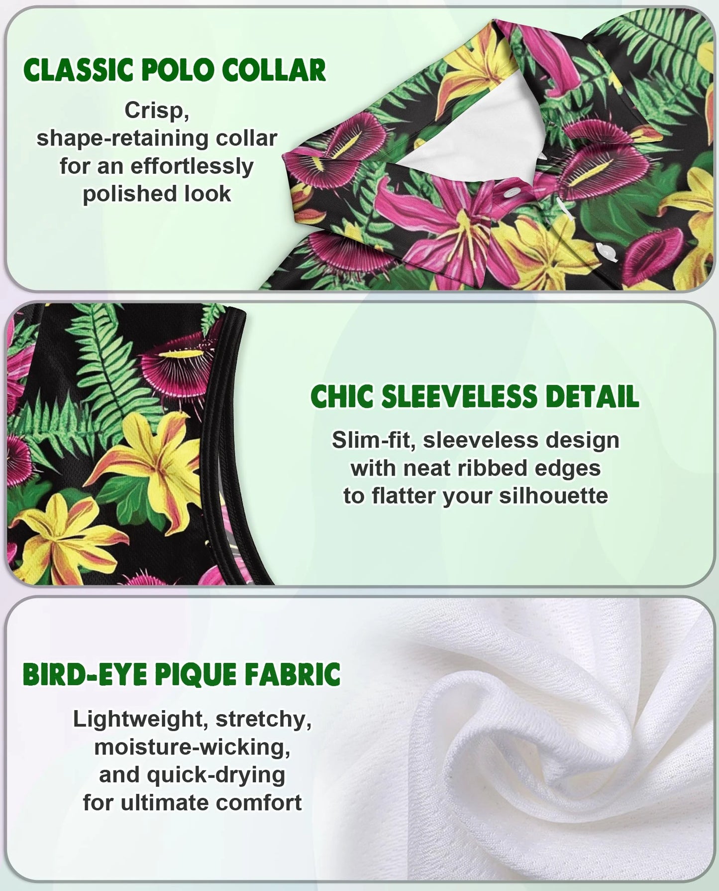Venus Flytrap Pattern Sleeveless Polo Shirt for Women | Netecom