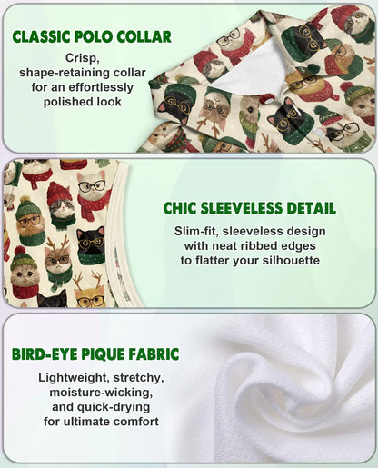 Christmas Cat Pattern Sleeveless Polo Shirt for Women | Netecom