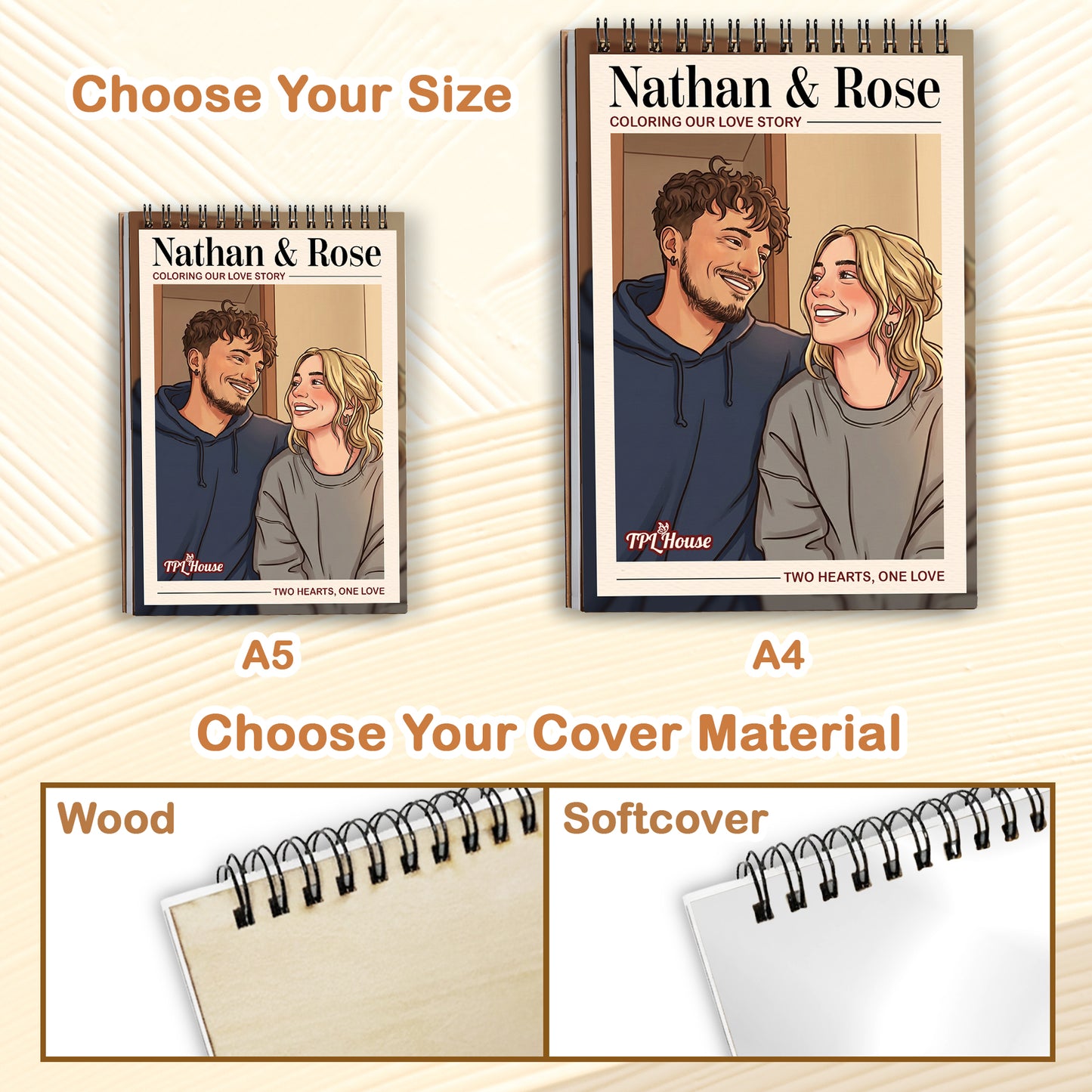 Personalized Couple Memory Coloring Book for Adults – Custom Coloring Pages from Your Photos , 12–48 Pages, Keepsake for Newlyweds, Premium Wooden Cover, Spiral Binding
