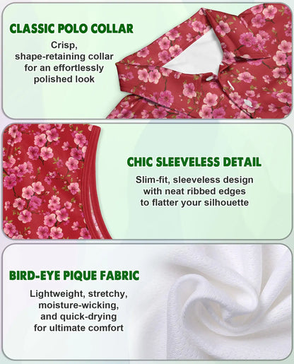 Red Cherry Blossom Sleeveless Polo Shirt for Women  | Netecom