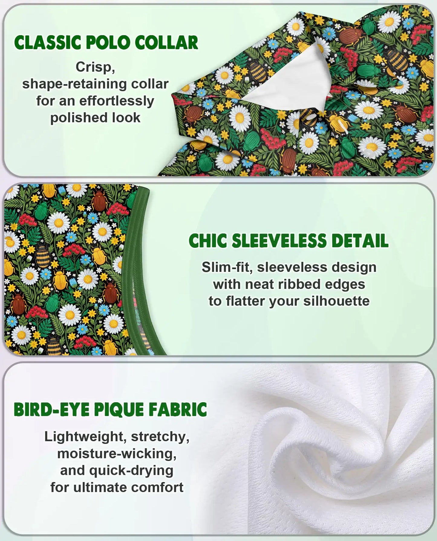 Daisy And Honey Bee Print Sleeveless Polo Shirt for Women | Netecom