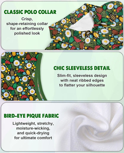 Daisy And Honey Bee Print Sleeveless Polo Shirt for Women | Netecom