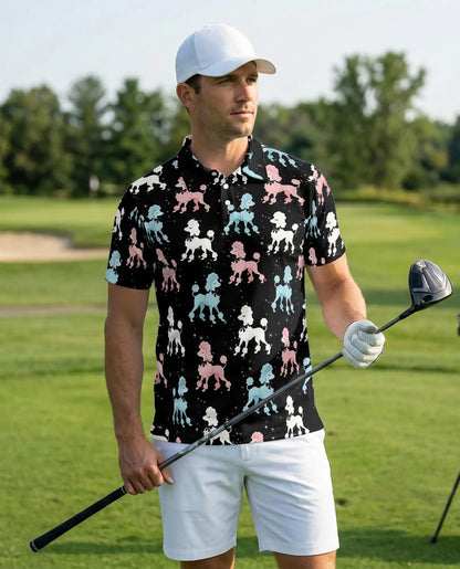 Retro Poodle Polo Shirt for Men-Vintage Pink Blue Poodle Dog Pattern Shirt | Netecom