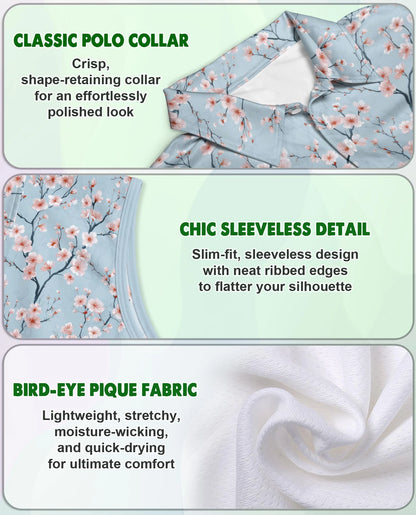 Japanese Sakura Sleeveless Polo Shirt for Women – Elegant Cherry Blossom Style | Netecom