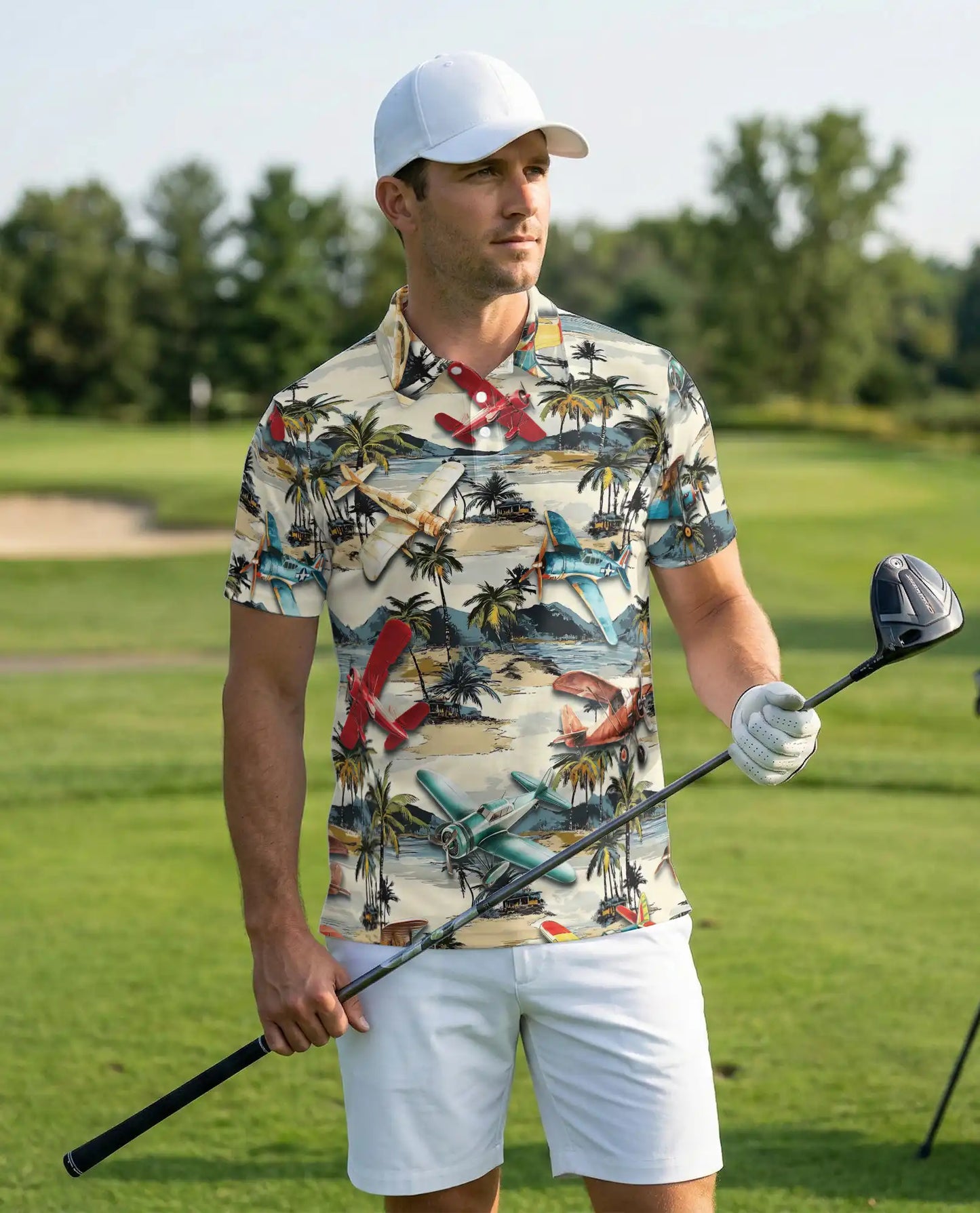 Vintage Airplane Retro 3D Polo Shirt for Men – Tropical Beach Island Style | Netecom