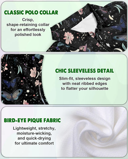 Dark Botanical Moth Pattern Sleeveless Polo Shirt for Women | Netecom