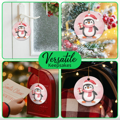 Netecom Cute Pink Penguin in Snow Christmas Ornament, Ceramic Animal Keepsake Ornament for Xmas Tree Decorations, Penguin Lover Gift, Gifts for Holiday, Party, Home Decor