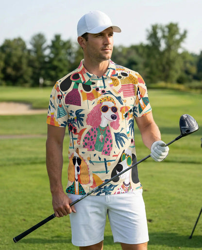 Retro Summer Stylish Dogs Beach Party Polo Shirt for Men | Netecom