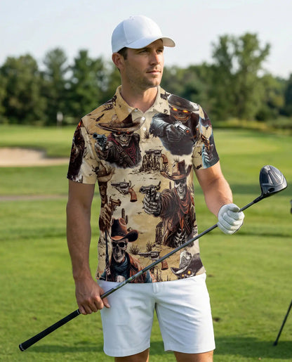 Skeleton Cowboy Gunslinger Polo Shirt Wild West Skull Western Outlaw Design | Netecom