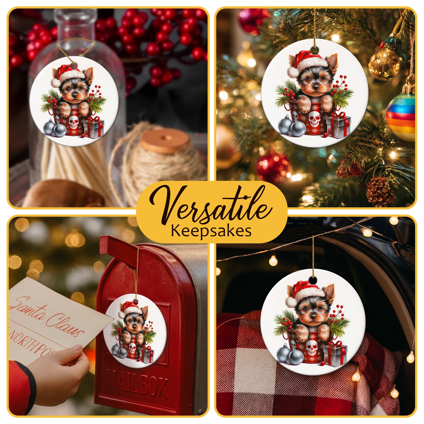 Netecom Cute Yorkshire Terrier Puppy in Bucket Ornament, Dog with Santa Hat Ceramic Ornament for Christmas Tree Hanging Decorations Gift, Pet Lover Gifts, Home Decor, Holiday Party Present
